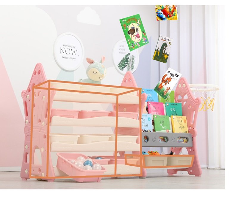 Organizator pentru jucarii si carti, cu 4 rafturi si 14 cosulete depozitare, cos baschet, ABS, 124cmx36cmx72cm, roz