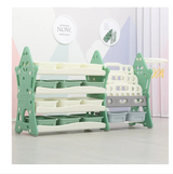 Organizator pentru jucarii si carti, cu 4 rafturi si 14 cosulete depozitare, cos baschet, ABS, 124cmx36cmx72cm