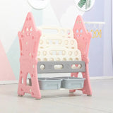 Organizator pentru jucarii si carti, cu 4 rafturi si 14 cosulete depozitare, cos baschet, ABS, 124cmx36cmx72cm, roz - BUZ.RO