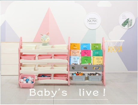 Organizator pentru jucarii si carti, cu 4 rafturi si 14 cosulete depozitare, cos baschet, ABS, 124cmx36cmx72cm, roz - BUZ.RO