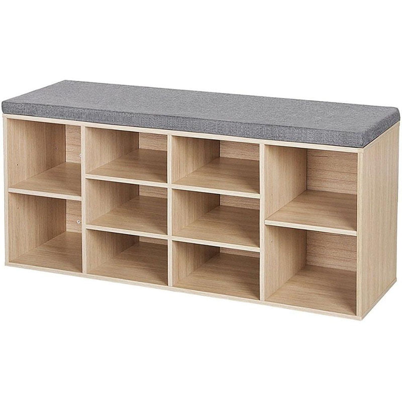Pantofar, tip bancuta tapitata, pantofar cu sezut, din PAL, 10 spatii depozitare, organizator, perna gri, 104 x 30 x 48 cm