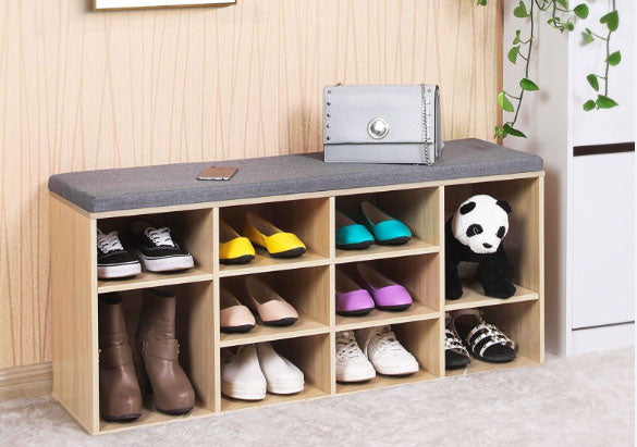 Pantofar, tip bancuta tapitata, pantofar cu sezut, din PAL, 10 spatii depozitare, organizator, perna gri, 104 x 30 x 48 cm