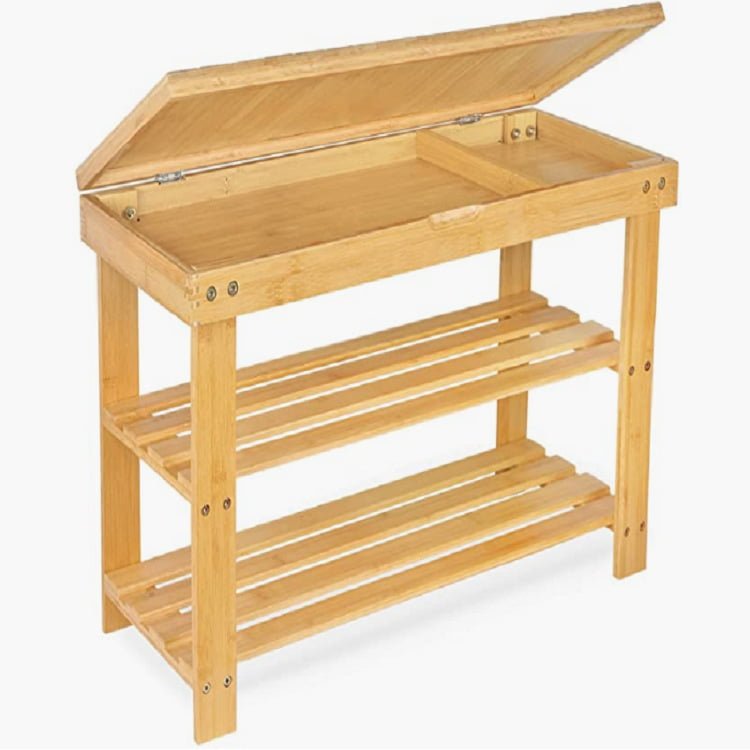 Pantofar, tip banca, pantofar cu sezut, pantofar bancuta, incaltaminte, din bambus, 70x28x48 cm, crem - BUZ.RO