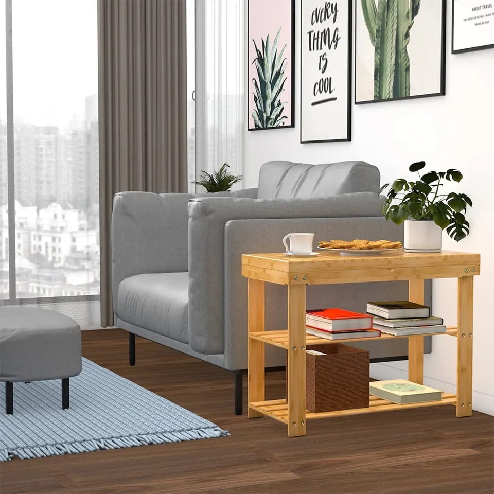 Pantofar, tip banca, pantofar cu sezut, pantofar bancuta, incaltaminte, din bambus, 70x28x48 cm, crem - BUZ.RO