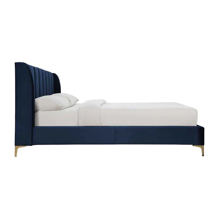 Pat tapitat, cu somiera, albastru navy, 152.5x208x111.5cm - BUZ.RO