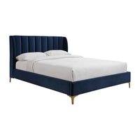 Pat tapitat, cu somiera, albastru navy, 152.5x208x111.5cm