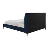 Pat tapitat, cu somiera, albastru navy, 152.5x208x111.5cm