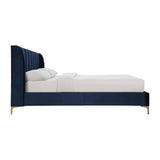 Pat tapitat, cu somiera, albastru navy, 152.5x208x111.5cm