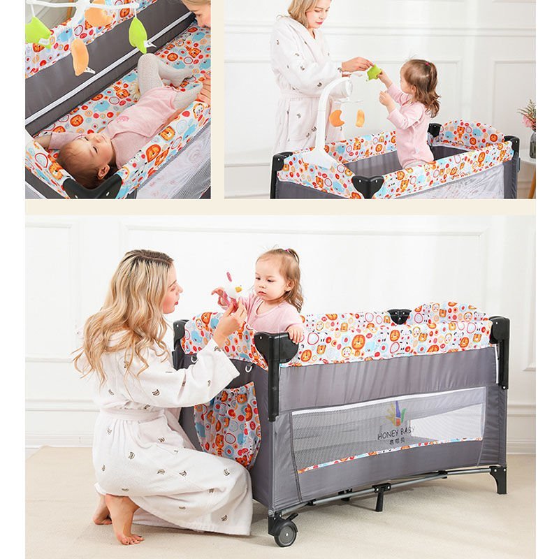 Patut bebe, tarc copii, de joaca, pe 2 nivele, cu carusel, pliabil, plasa transparenta, gri - BUZ.RO