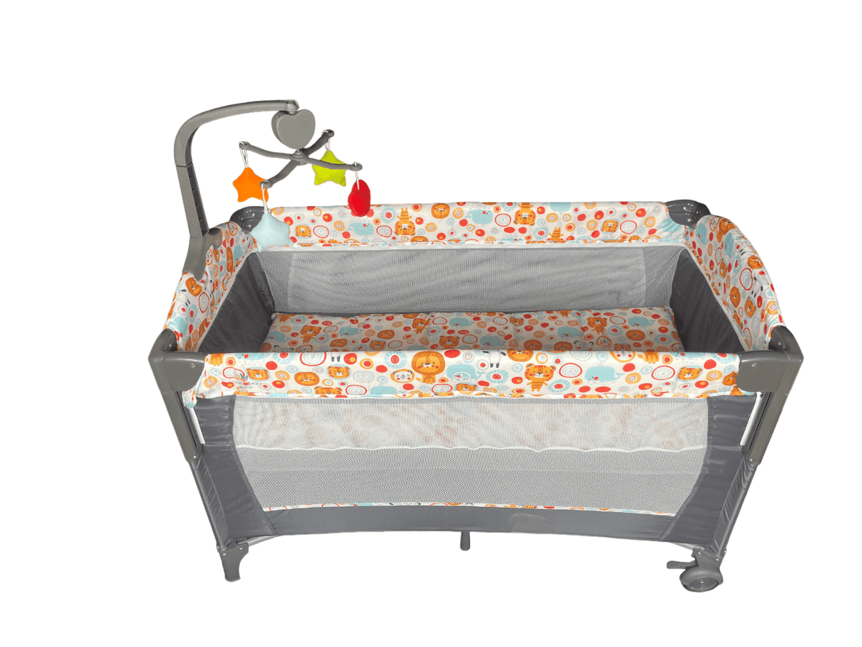 Patut bebe, tarc copii, de joaca, pe 2 nivele, cu carusel, pliabil, plasa transparenta, gri - BUZ.RO