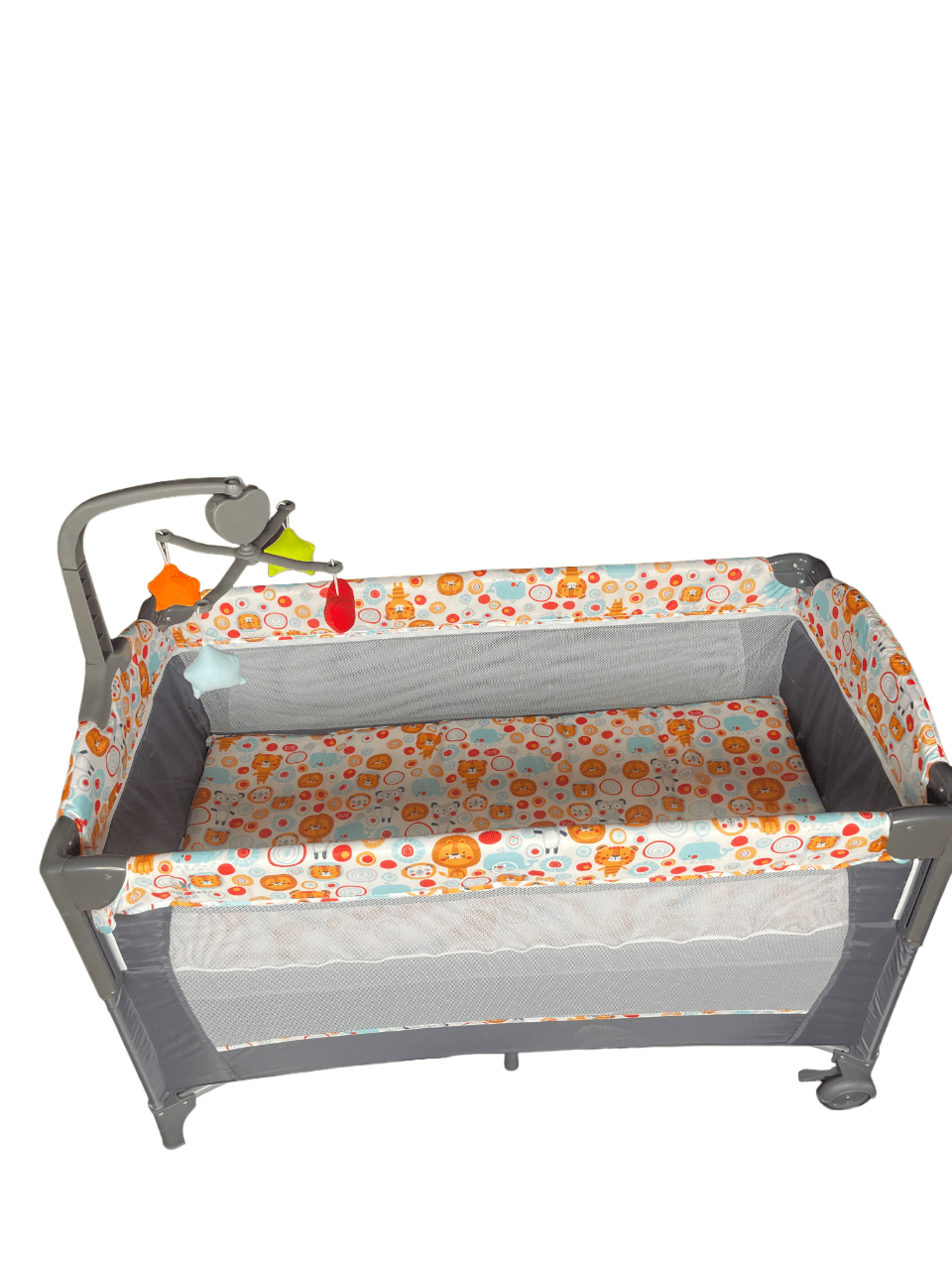 Patut bebe, tarc copii, de joaca, pe 2 nivele, cu carusel, pliabil, plasa transparenta, gri - BUZ.RO