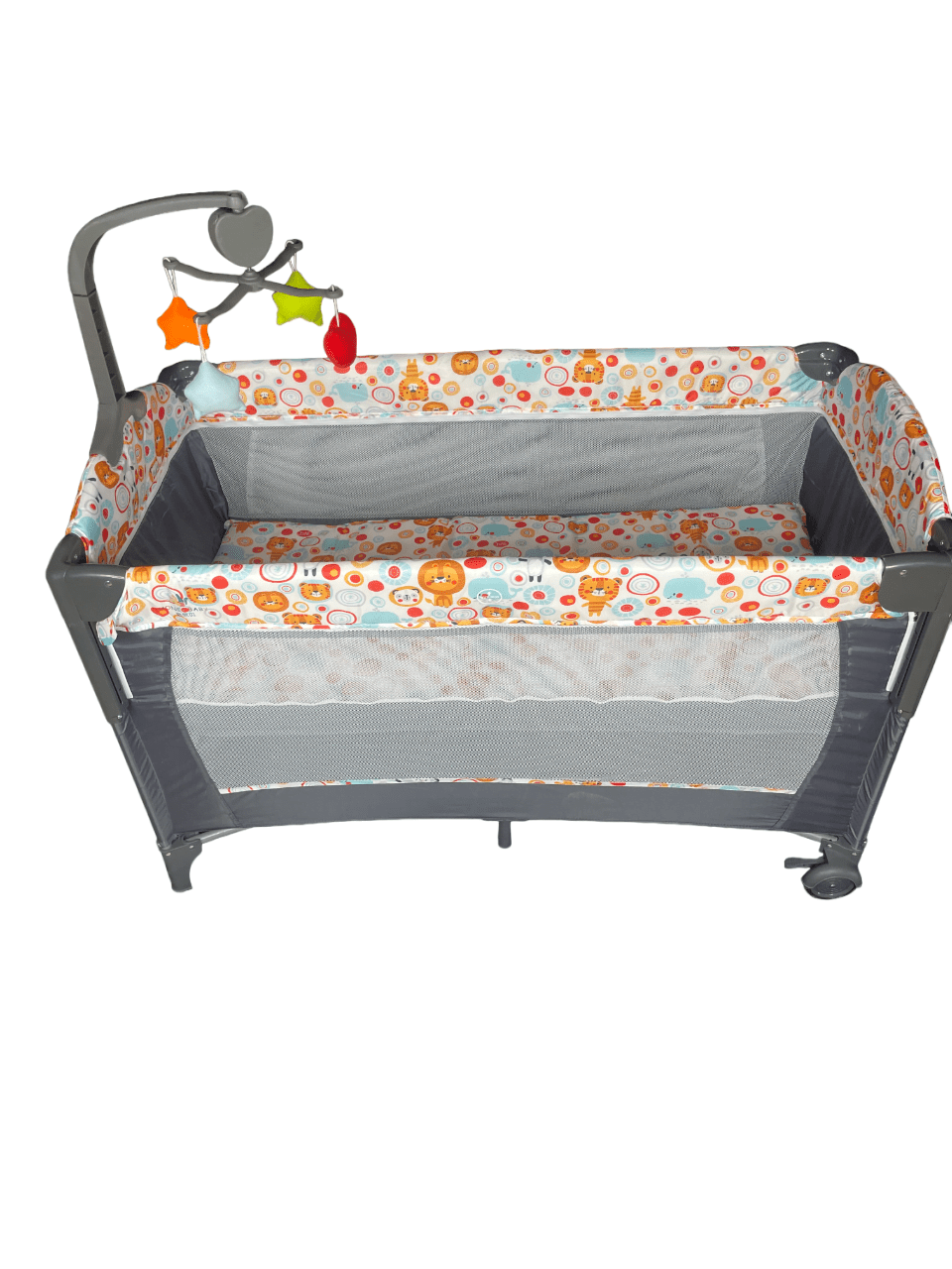 Patut bebe, tarc copii, de joaca, pe 2 nivele, cu carusel, pliabil, plasa transparenta, gri - BUZ.RO