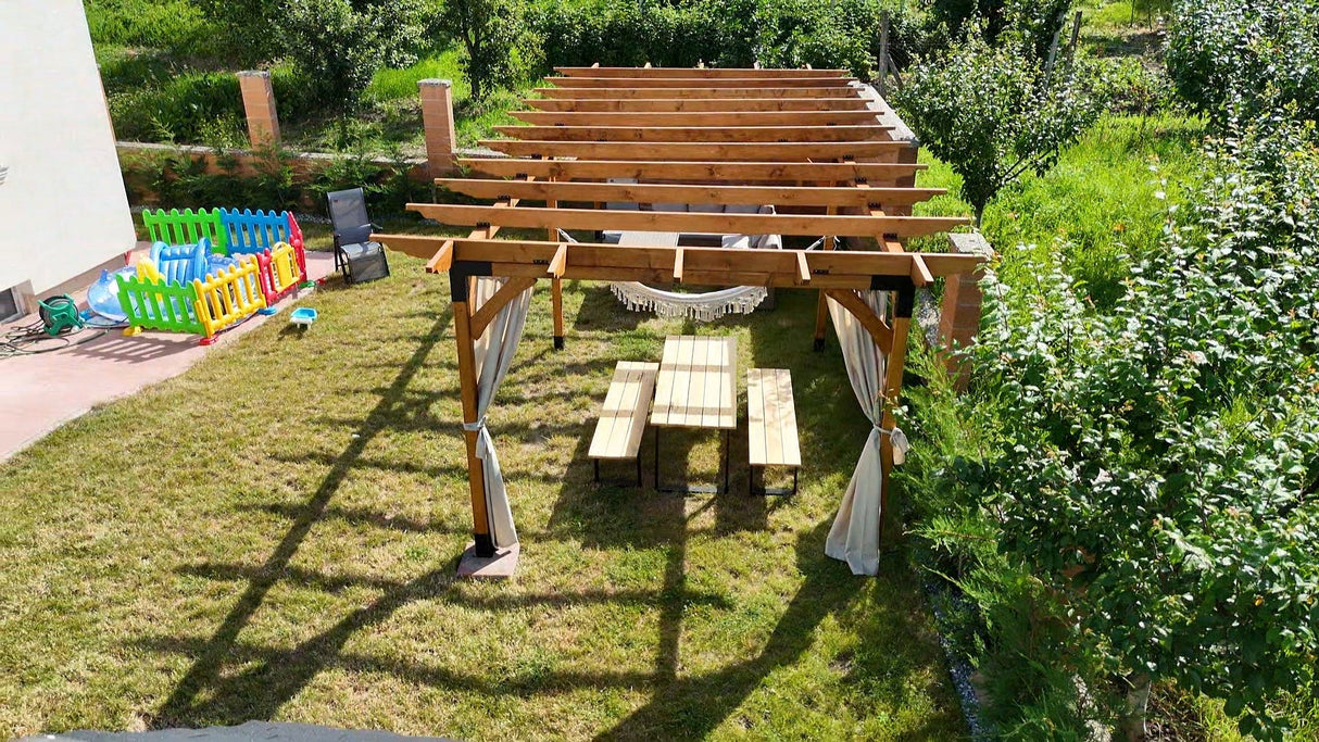 Pergola foisor pavilion lemn pentru gradina sau curte, conectori metalici, umbrar curte - BUZ.RO