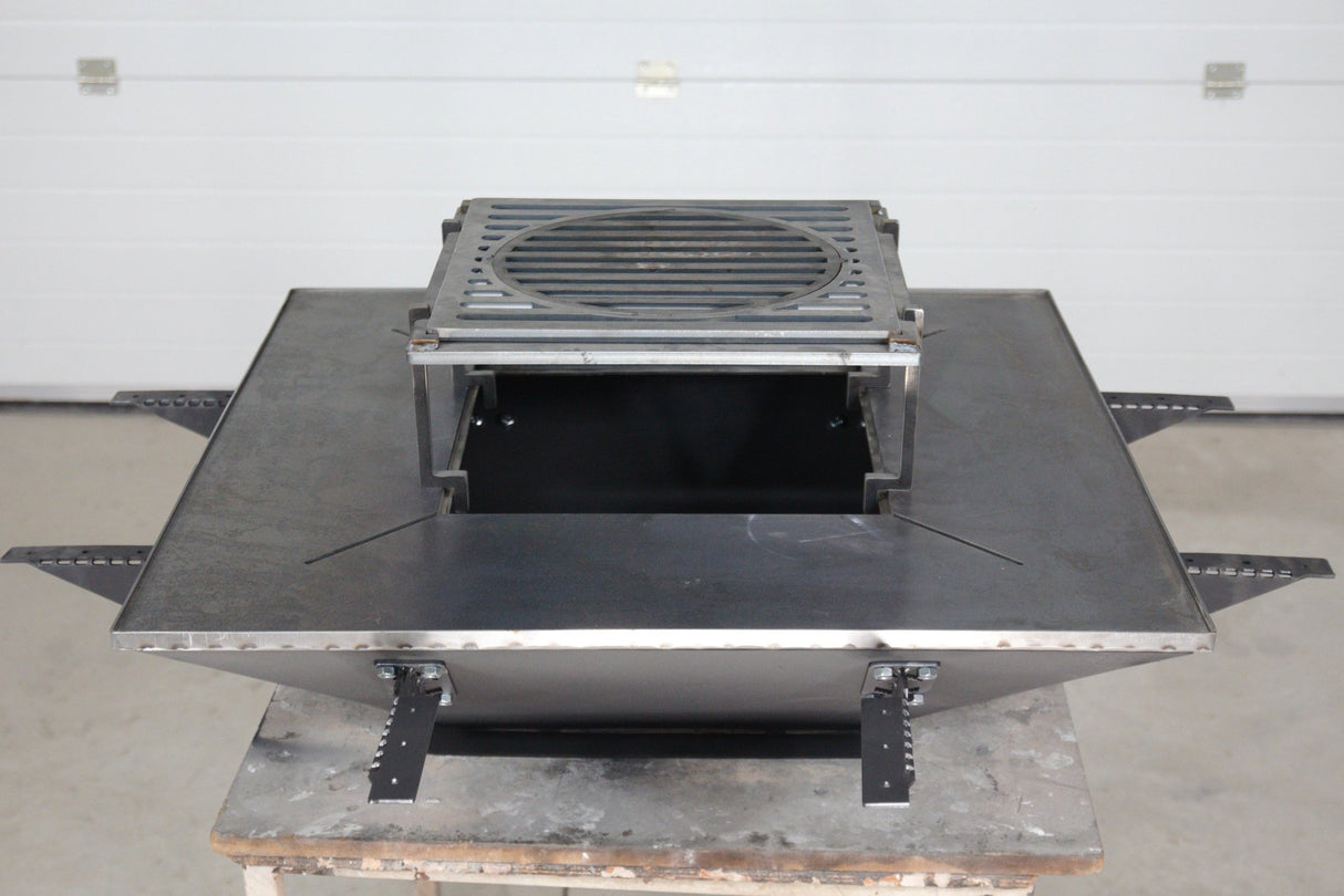 Plita gratar cu focar,grill si suport ceaun sau disc, Firepit, incorporabil, 95x95 cm - BUZ.RO
