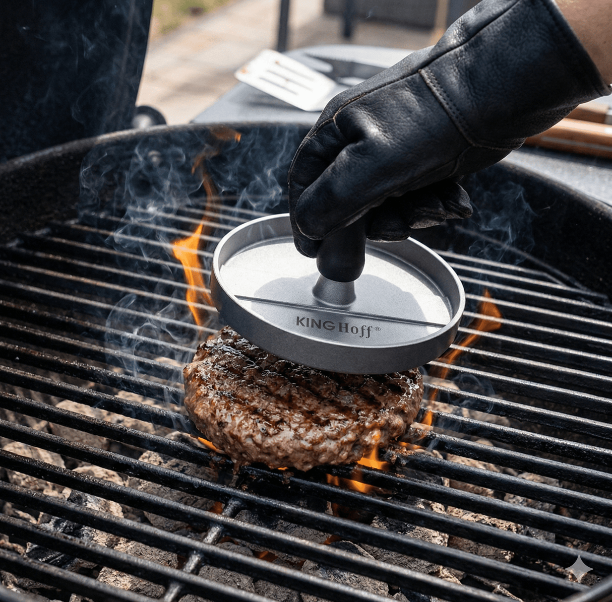 Presa aluminiu burgeri| carne|gratar| 12 cm| Acoperire antiaderenta| Maner plastic - BUZ.RO