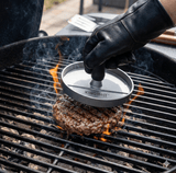 Presa aluminiu burgeri| carne|gratar| 12 cm| Acoperire antiaderenta| Maner plastic - BUZ.RO