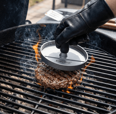 Presa aluminiu burgeri| carne|gratar| 12 cm| Acoperire antiaderenta| Maner plastic - BUZ.RO