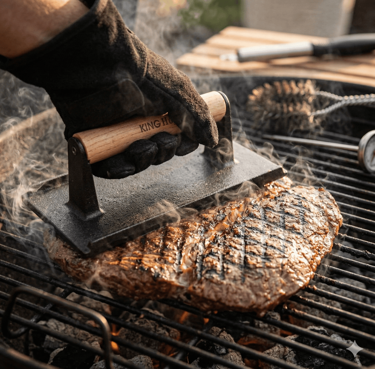 Presa din fonta| carne|gratar| 21×10.8 cm| Maner lemn| draptunghiular| - BUZ.RO