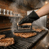 Presa din fonta| carne|gratar| 21×10.8 cm| Maner lemn| draptunghiular| - BUZ.RO