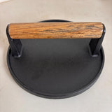 Presa fonta burgeri| carne|gratar| 17.8 cm| Maner lemn Negru - Maro - BUZ.RO