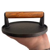 Presa fonta burgeri| carne|gratar| 17.8 cm| Maner lemn Negru - Maro - BUZ.RO