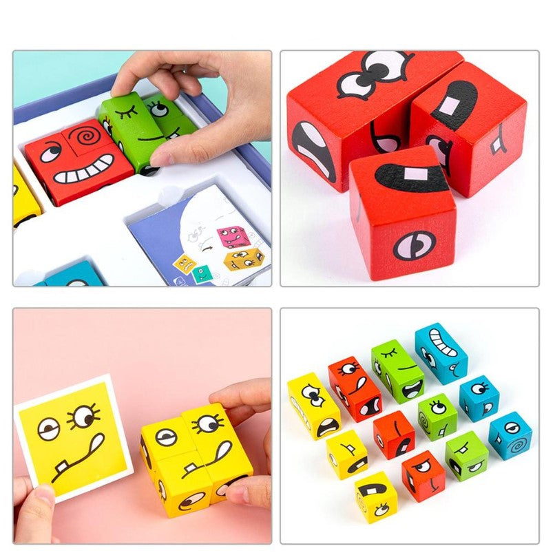 Puzzle interactiv si educativ, cub din lemn, 6in1, blocuri de constructii, carti de joc, pentru copii, cu 6 laturi, expresii emoji, montessori