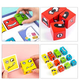 Puzzle interactiv si educativ, cub din lemn, 6in1, blocuri de constructii, carti de joc, pentru copii, cu 6 laturi, expresii emoji, montessori