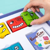 Puzzle interactiv si educativ, cub din lemn, 6in1, blocuri de constructii, carti de joc, pentru copii, cu 6 laturi, expresii emoji, montessori