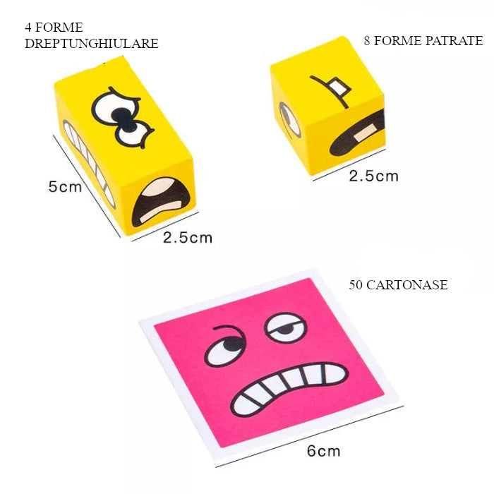Puzzle interactiv si educativ, cub din lemn, 6in1, blocuri de constructii, carti de joc, pentru copii, cu 6 laturi, expresii emoji, montessori