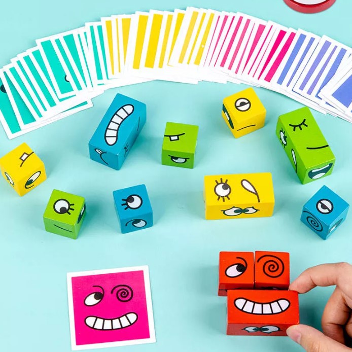 Puzzle interactiv si educativ, cub din lemn, 6in1, blocuri de constructii, carti de joc, pentru copii, cu 6 laturi, expresii emoji, montessori