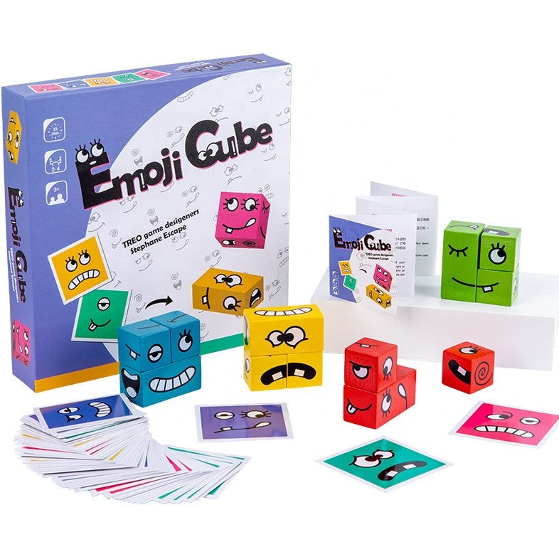 Puzzle interactiv si educativ, cub din lemn, 6in1, blocuri de constructii, carti de joc, pentru copii, cu 6 laturi, expresii emoji, montessori