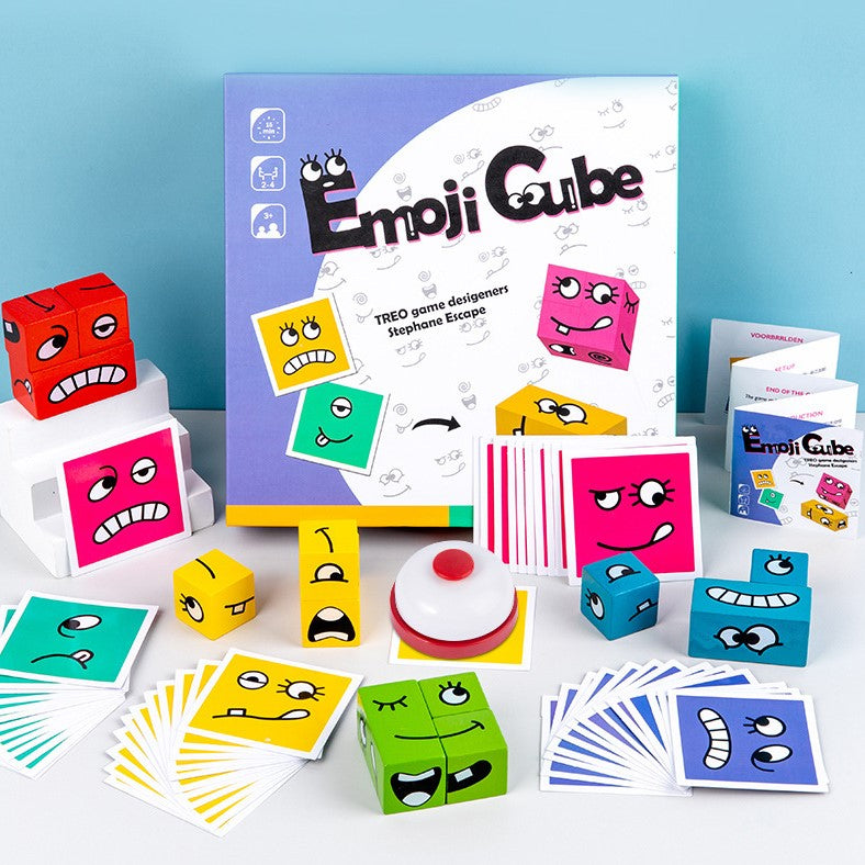 Puzzle interactiv si educativ, cub din lemn, 6in1, blocuri de constructii, carti de joc, pentru copii, cu 6 laturi, expresii emoji, montessori