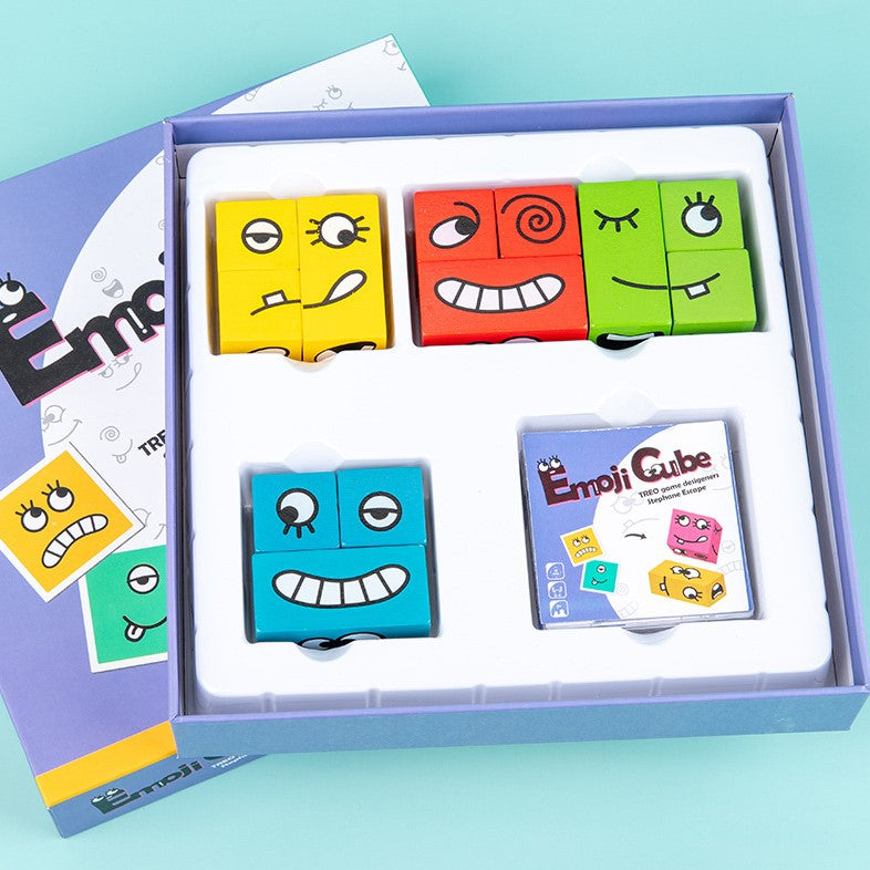 Puzzle interactiv si educativ, cub din lemn, 6in1, blocuri de constructii, carti de joc, pentru copii, cu 6 laturi, expresii emoji, montessori