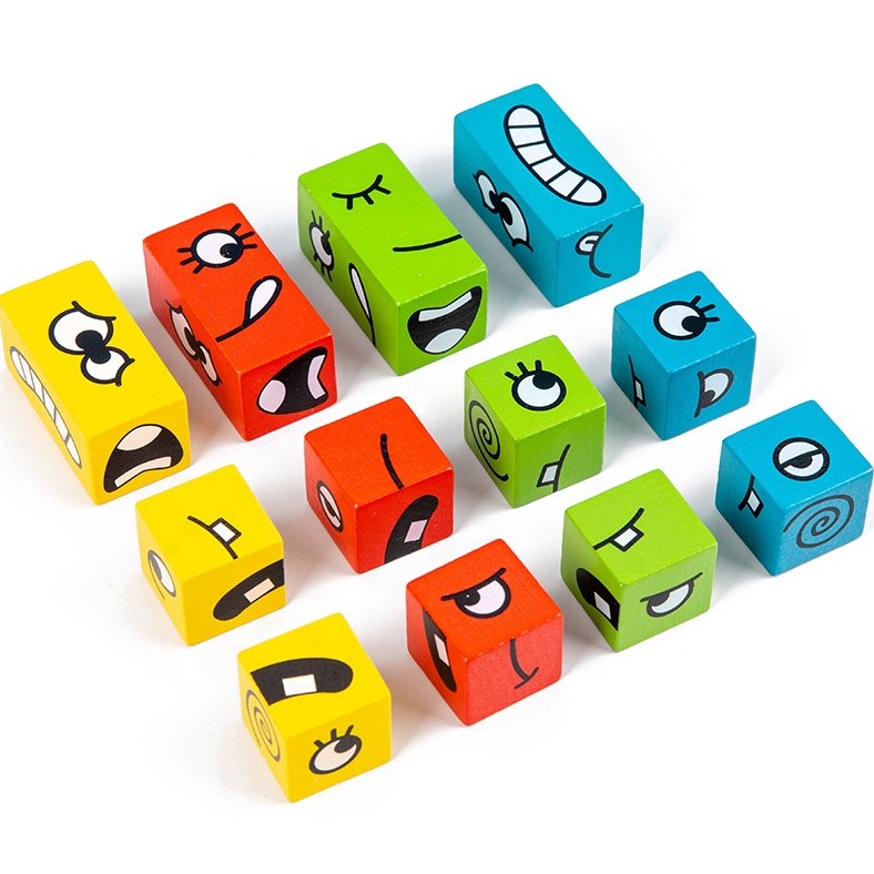 Puzzle interactiv si educativ, cub din lemn, 6in1, blocuri de constructii, carti de joc, pentru copii, cu 6 laturi, expresii emoji, montessori