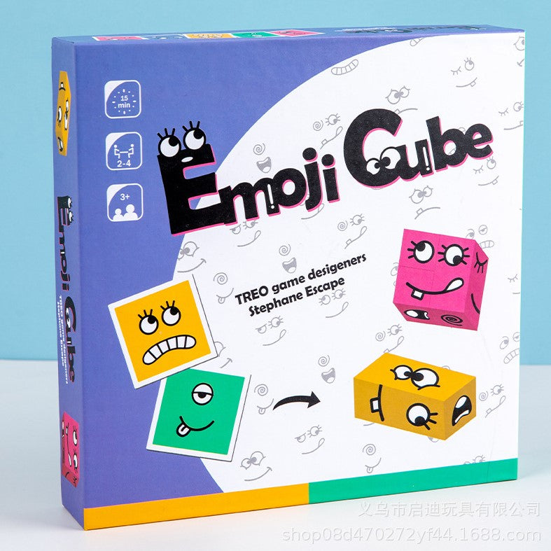 Puzzle interactiv si educativ, cub din lemn, 6in1, blocuri de constructii, carti de joc, pentru copii, cu 6 laturi, expresii emoji, montessori