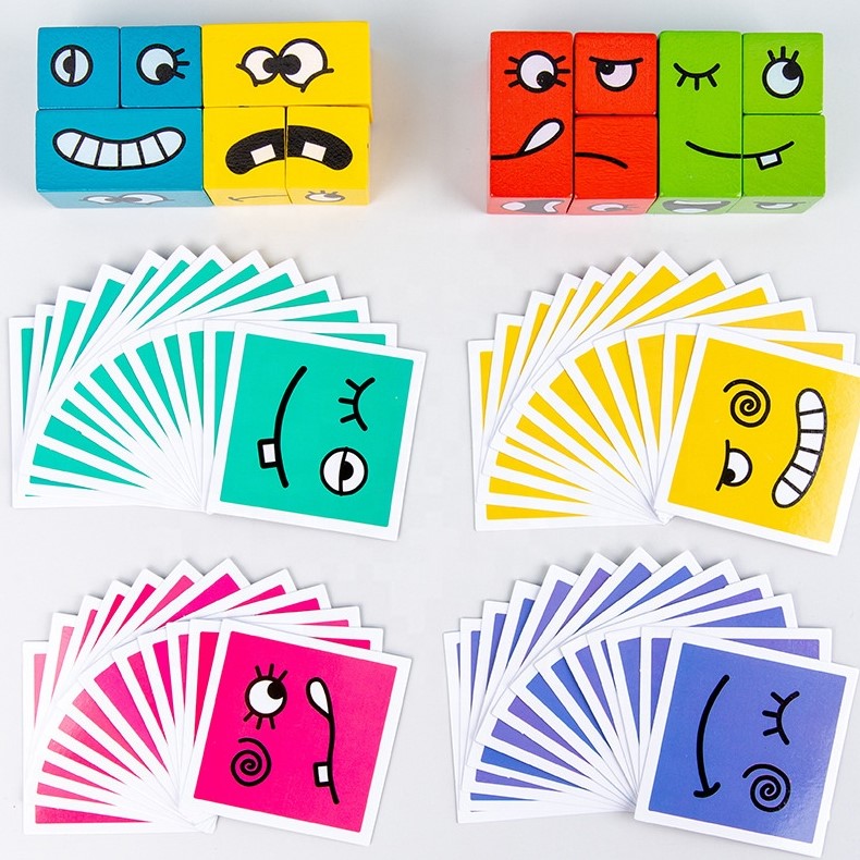 Puzzle interactiv si educativ, cub din lemn, 6in1, blocuri de constructii, carti de joc, pentru copii, cu 6 laturi, expresii emoji, montessori