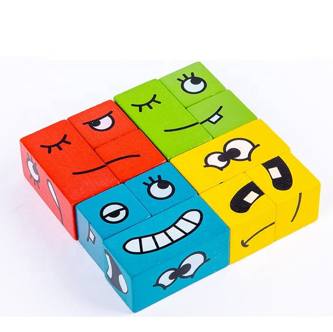 Puzzle interactiv si educativ, cub din lemn, 6in1, blocuri de constructii, carti de joc, pentru copii, cu 6 laturi, expresii emoji, montessori