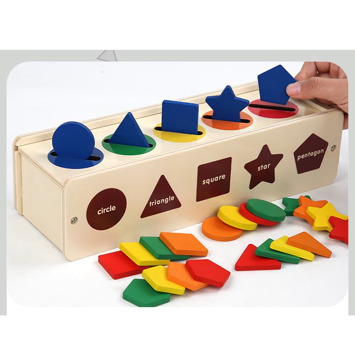 Puzzle Montessori potrivire forme si culori, 35 piese din lemn natural eco, 5 coloane de sortare a culorilor - BUZ.RO