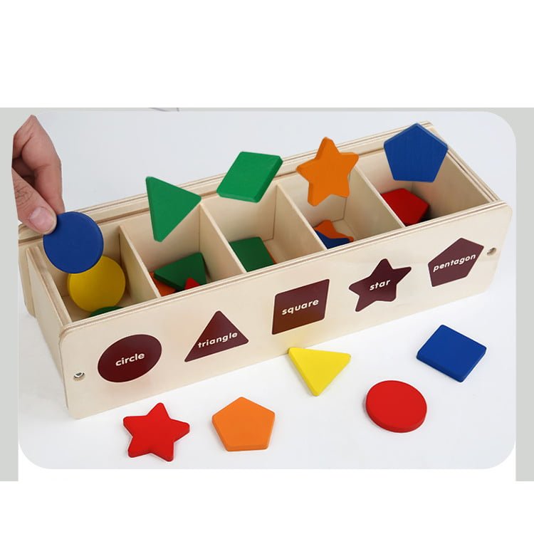 Puzzle Montessori potrivire forme si culori, 35 piese din lemn natural eco, 5 coloane de sortare a culorilor - BUZ.RO