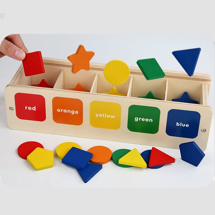 Puzzle Montessori potrivire forme si culori, 35 piese din lemn natural eco, 5 coloane de sortare a culorilor - BUZ.RO