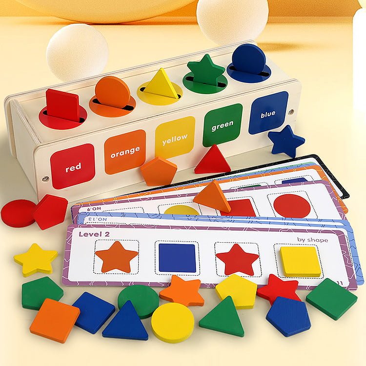 Puzzle Montessori potrivire forme si culori, 35 piese din lemn natural eco, 5 coloane de sortare a culorilor - BUZ.RO