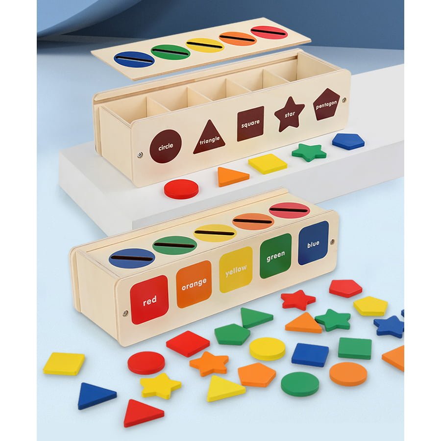 Puzzle Montessori potrivire forme si culori, 35 piese din lemn natural eco, 5 coloane de sortare a culorilor - BUZ.RO