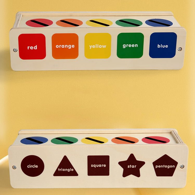 Puzzle Montessori potrivire forme si culori, 35 piese din lemn natural eco, 5 coloane de sortare a culorilor - BUZ.RO