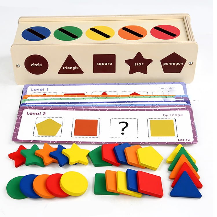 Puzzle Montessori potrivire forme si culori, 35 piese din lemn natural eco, 5 coloane de sortare a culorilor - BUZ.RO
