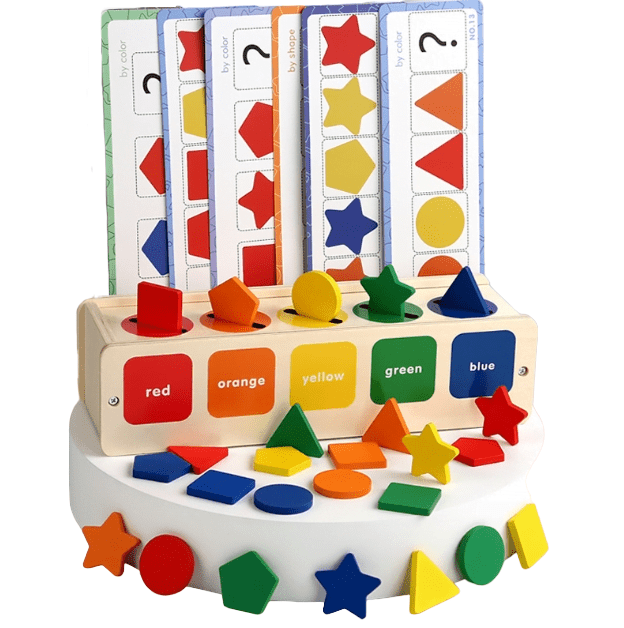 Puzzle Montessori potrivire forme si culori, 35 piese din lemn natural eco, 5 coloane de sortare a culorilor - BUZ.RO