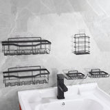 Raft baie, otel inoxidabil, set 5 rafturi, carlige si suporturi pentru sapun, rafturi baie suspendate, fara gaurire, negru - BUZ.RO
