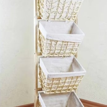 Raft de depozitare, lemn, multifunctional, 4 cosuri detasabile cu husa