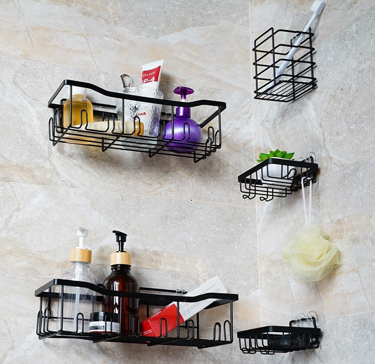 Raft de dus tip etajera colt organizator baie, din otel inoxidabil, set 2 buc, negru