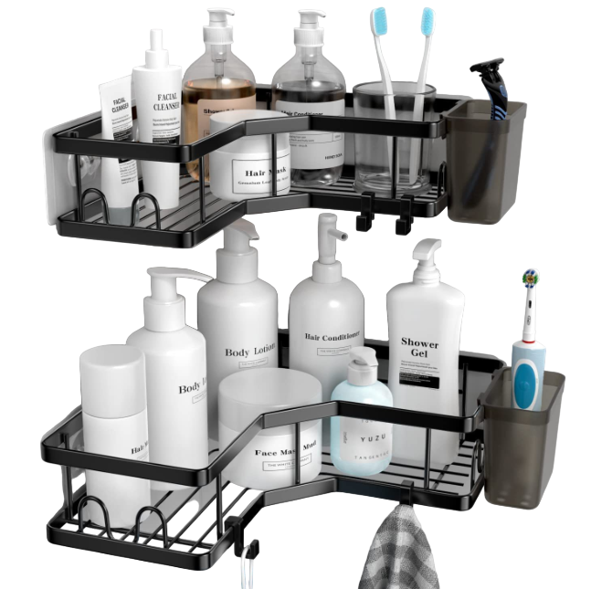 Raft de dus tip etajera colt organizator baie, din otel inoxidabil, set 2 buc, negru