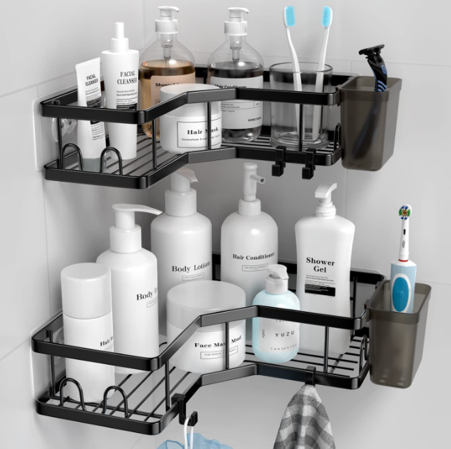 Raft de dus tip etajera colt organizator baie, din otel inoxidabil, set 2 buc, negru